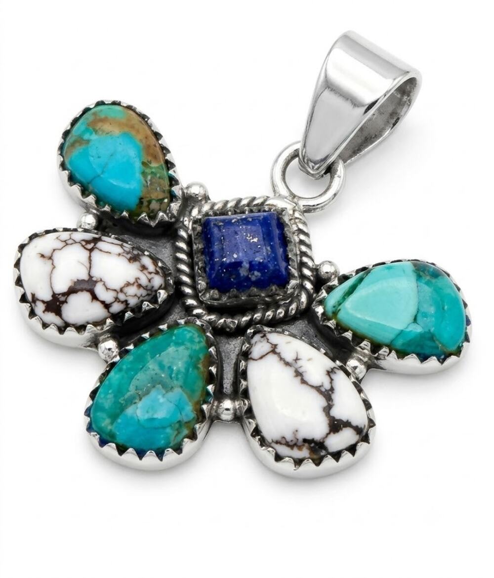 Wildhorse Jasper White Water Turquoise Lapis Lazuli Half Cluster Pendant 925